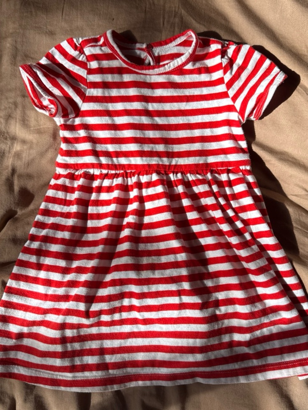 Primary Red and White Striped Casual Girls Dress